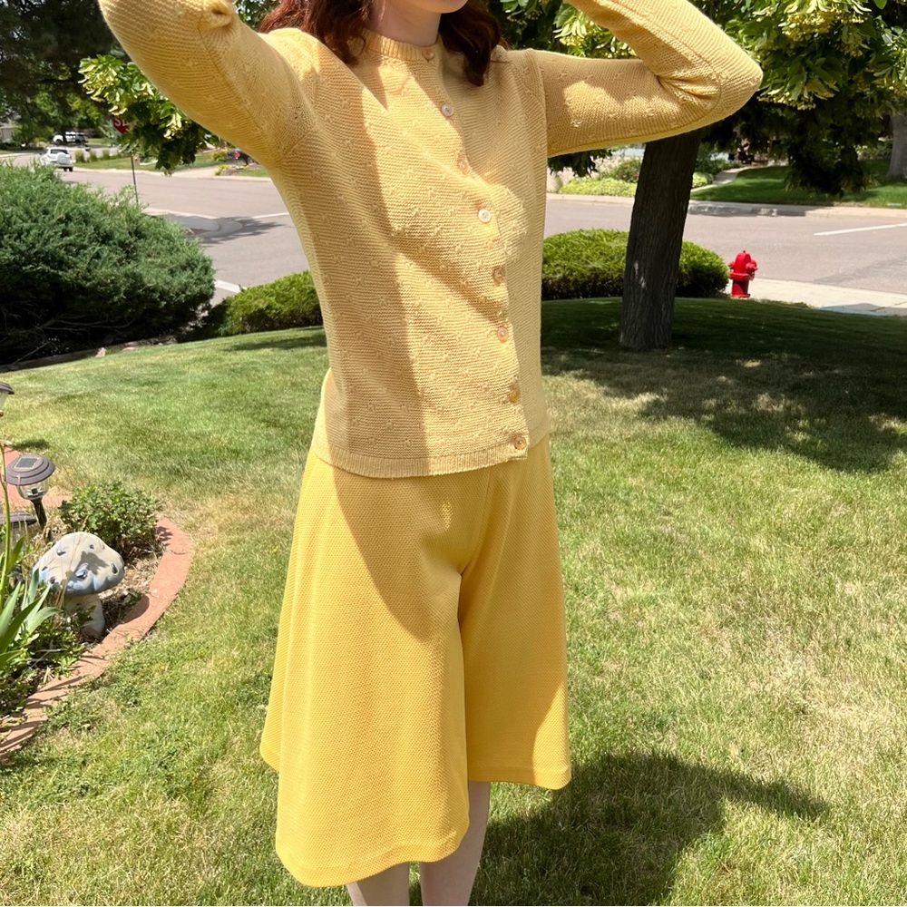 Vintage 1970 Cottagecore Yellow Feminine knit Cardigan Sweater Gaucho Pant set